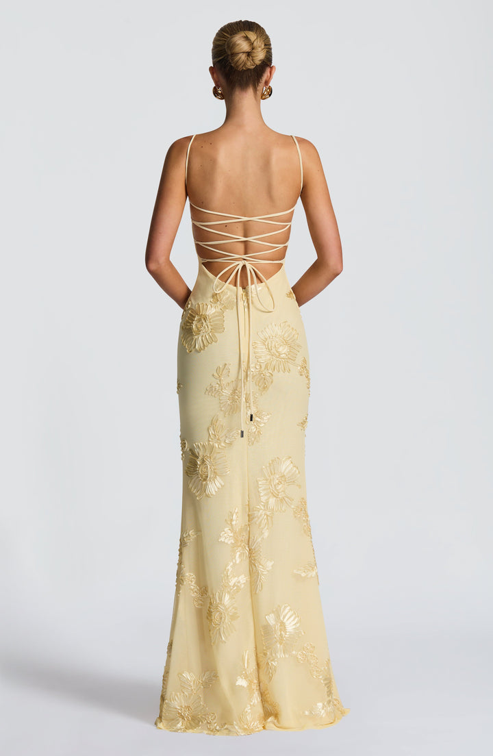 Abito Maxi con Ricami Floreali e Bretelle Sottili