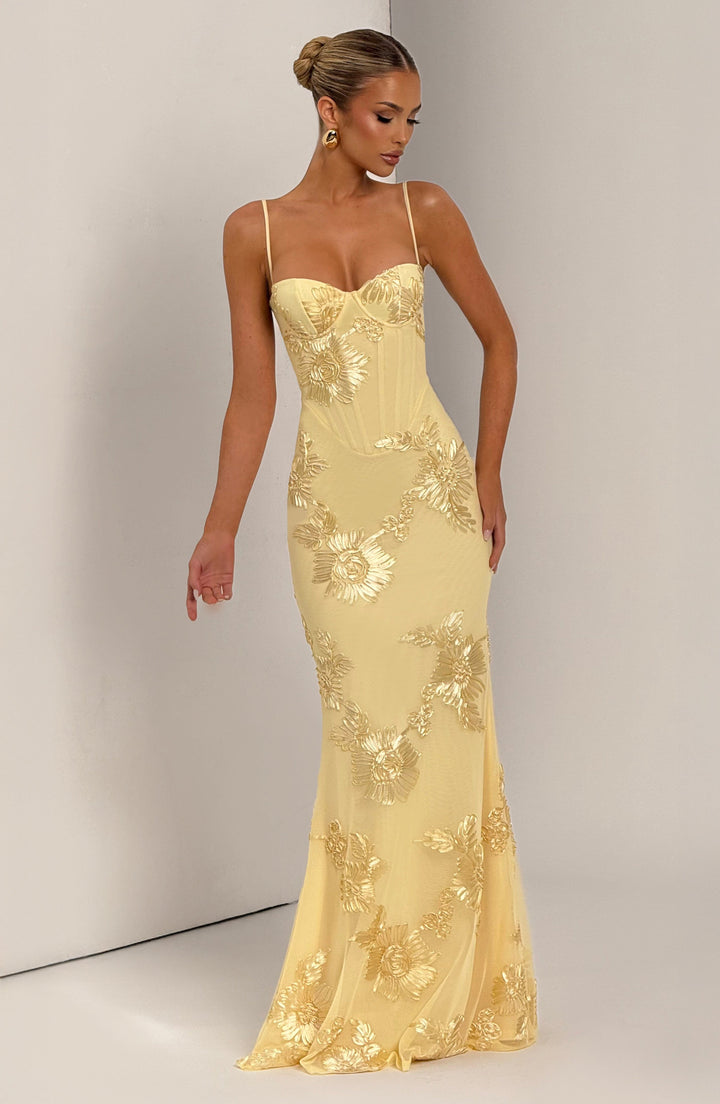 Abito Maxi con Ricami Floreali e Bretelle Sottili