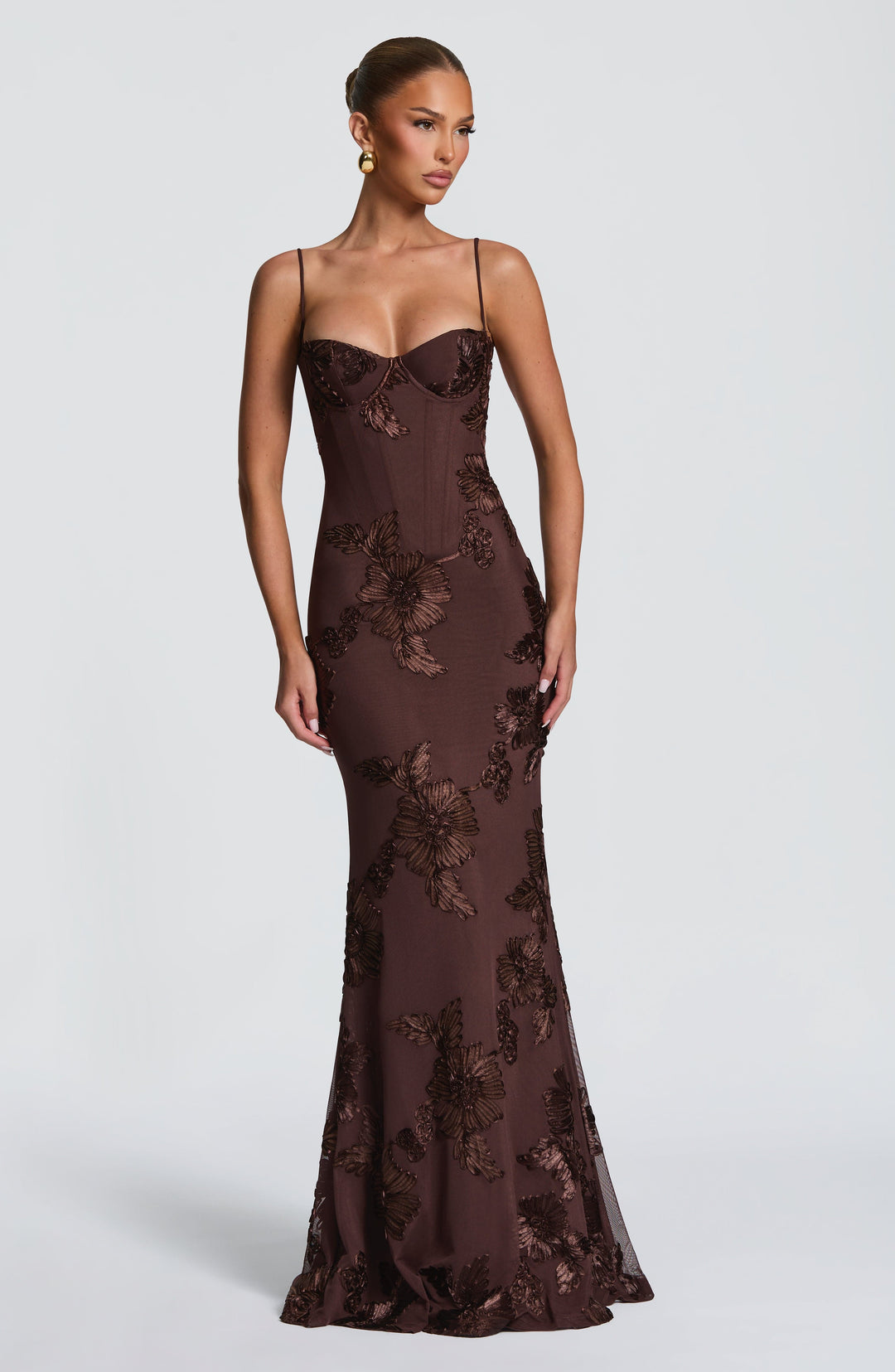 Abito Maxi con Ricami Floreali e Bretelle Sottili