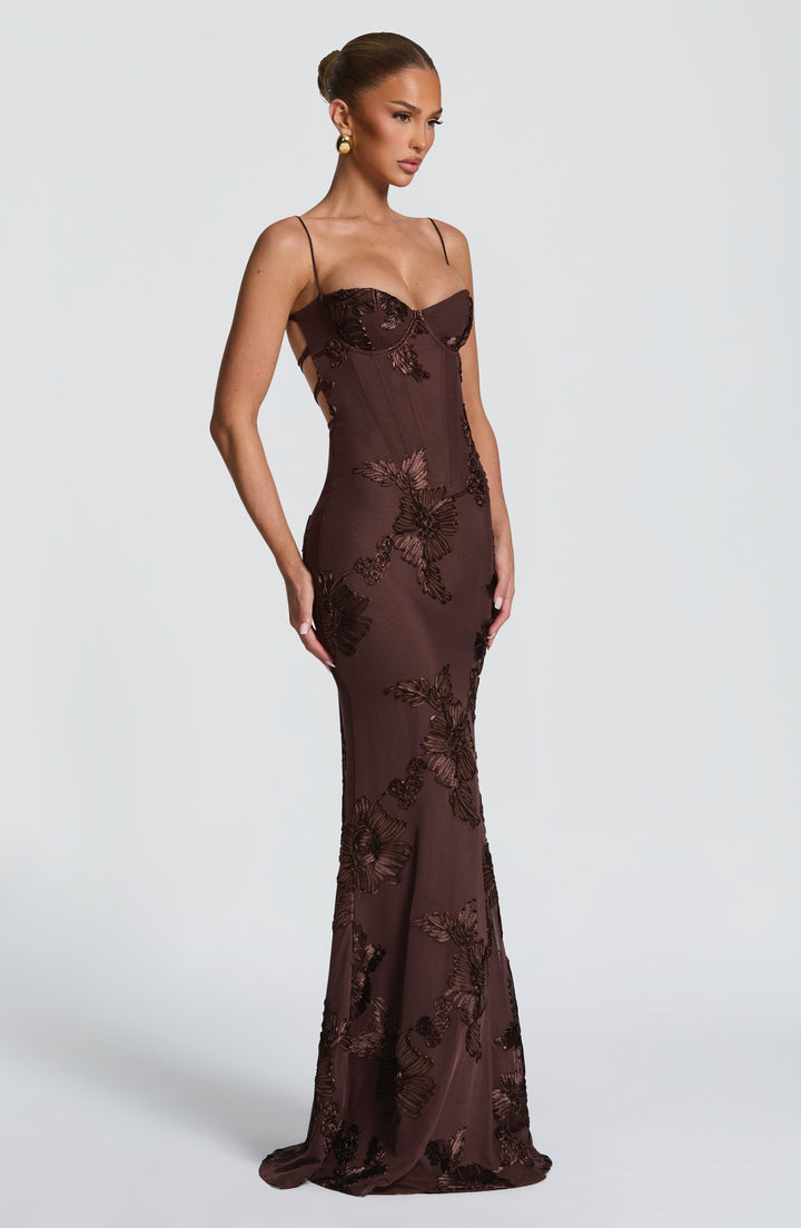 Abito Maxi con Ricami Floreali e Bretelle Sottili