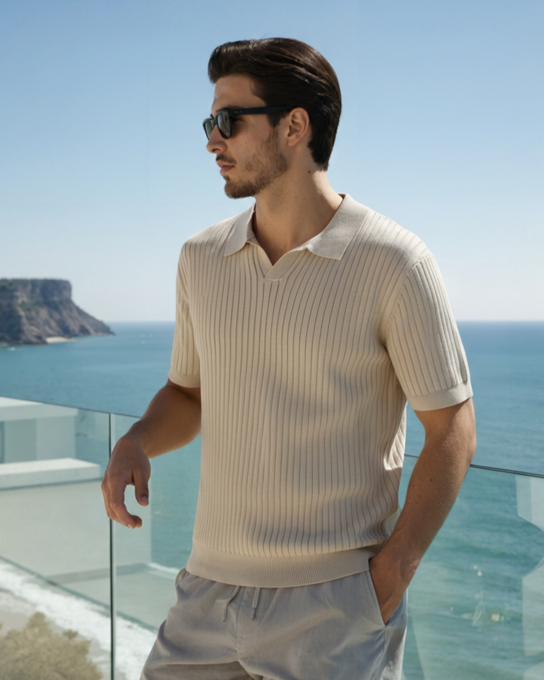 Polo a Maglia a Costine con Scollo Aperto