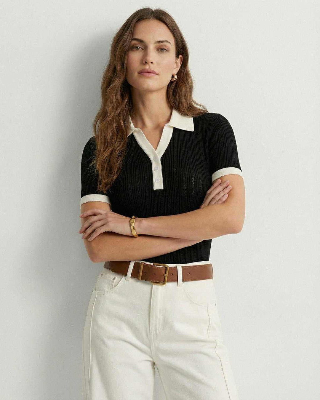 Polo a Maglia in Cotone con Dettagli a Contrasto da Donna